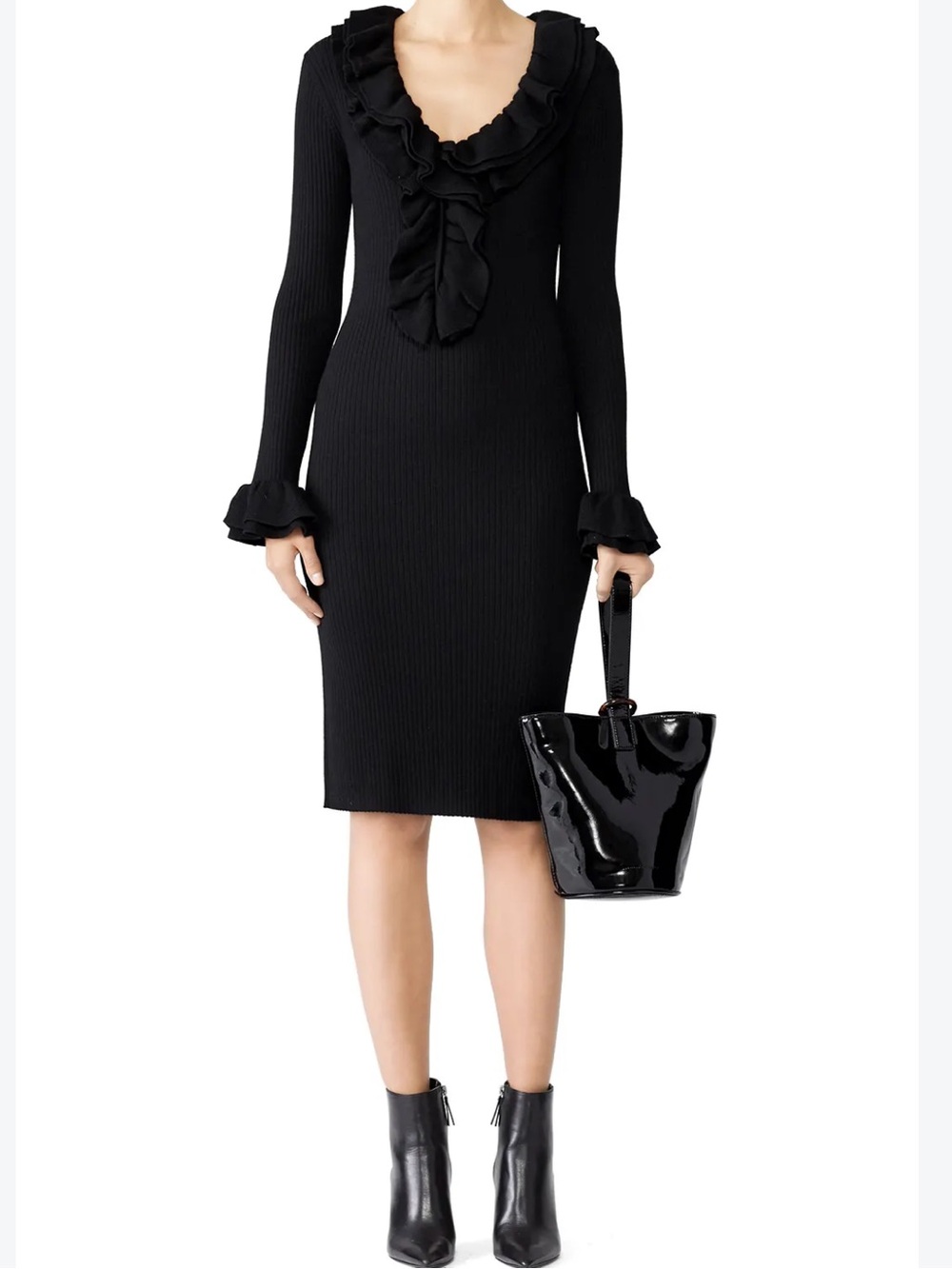 Trina Turk Black Ruffled V-Neck Long Sleeve Dress Size Large EUC